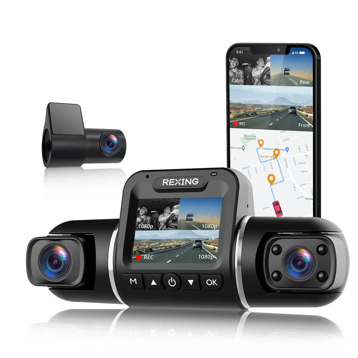Matte black Rexing V2 Pro AI 3-channel dash cam unit mounted on a car windshield showing its swivel lens mechanism and rear camera extension wiring cables.