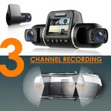 Matte black Rexing V2 Pro AI 3-channel dash cam unit mounted on a car windshield showing its swivel lens mechanism and rear camera extension wiring cables.