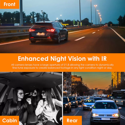 Matte black Rexing V2 Pro AI 3-channel dash cam unit mounted on a car windshield showing its swivel lens mechanism and rear camera extension wiring cables.
