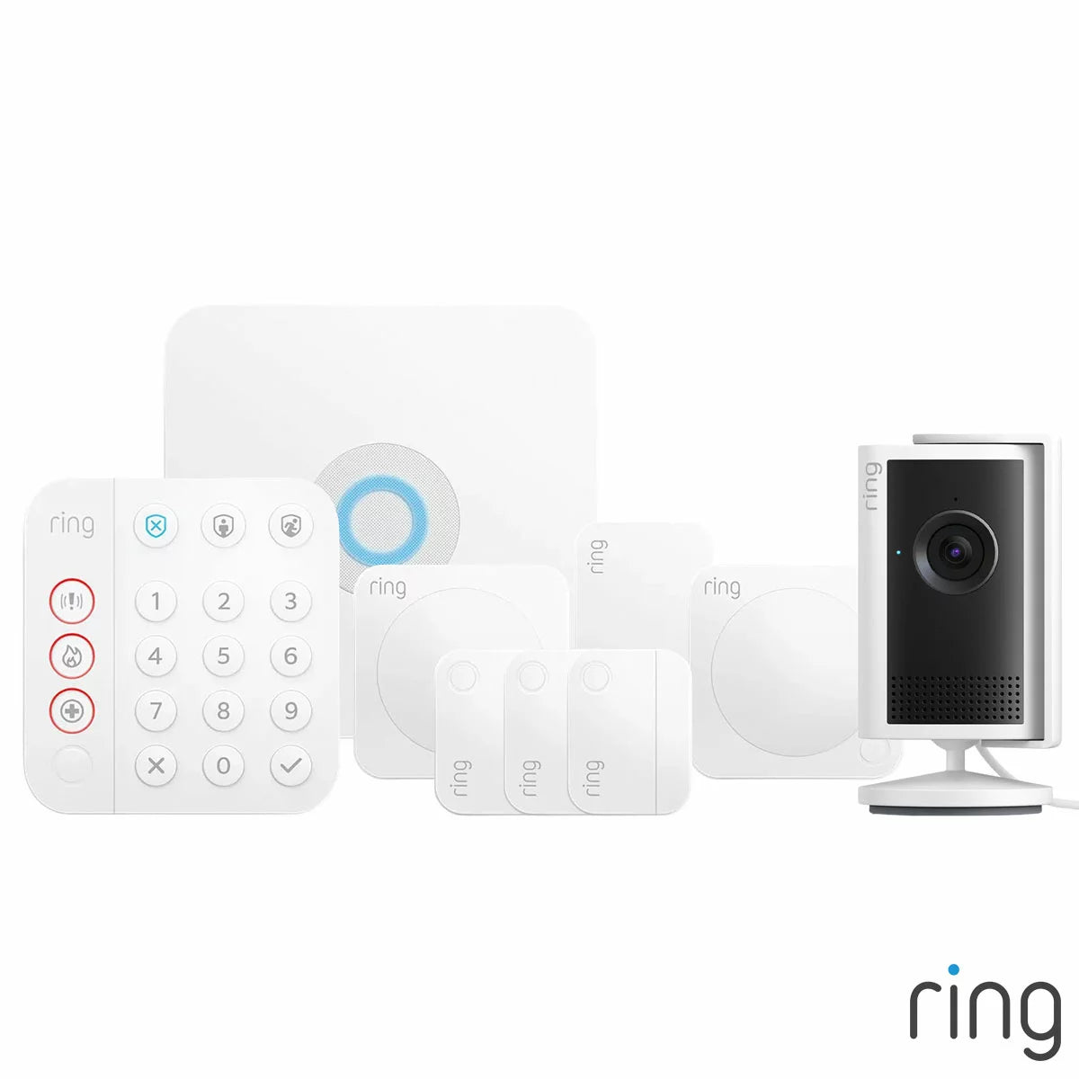 Flat lay arrangement of the white Ring 10 Piece Alarm 2nd Gen Starter Kit showing base station, keypad, indoor camera, contact sensors, motion detectors, and range extender against a neutral backdrop.