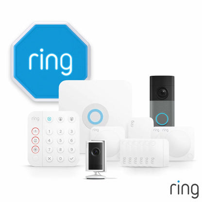 Ring 15 Piece Alarm 2nd Gen Starter Kit in sleek white showing the base station, keypad, outdoor siren, indoor camera, battery video doorbell, sensors, and motion detectors arranged neatly on a modern light backdrop.