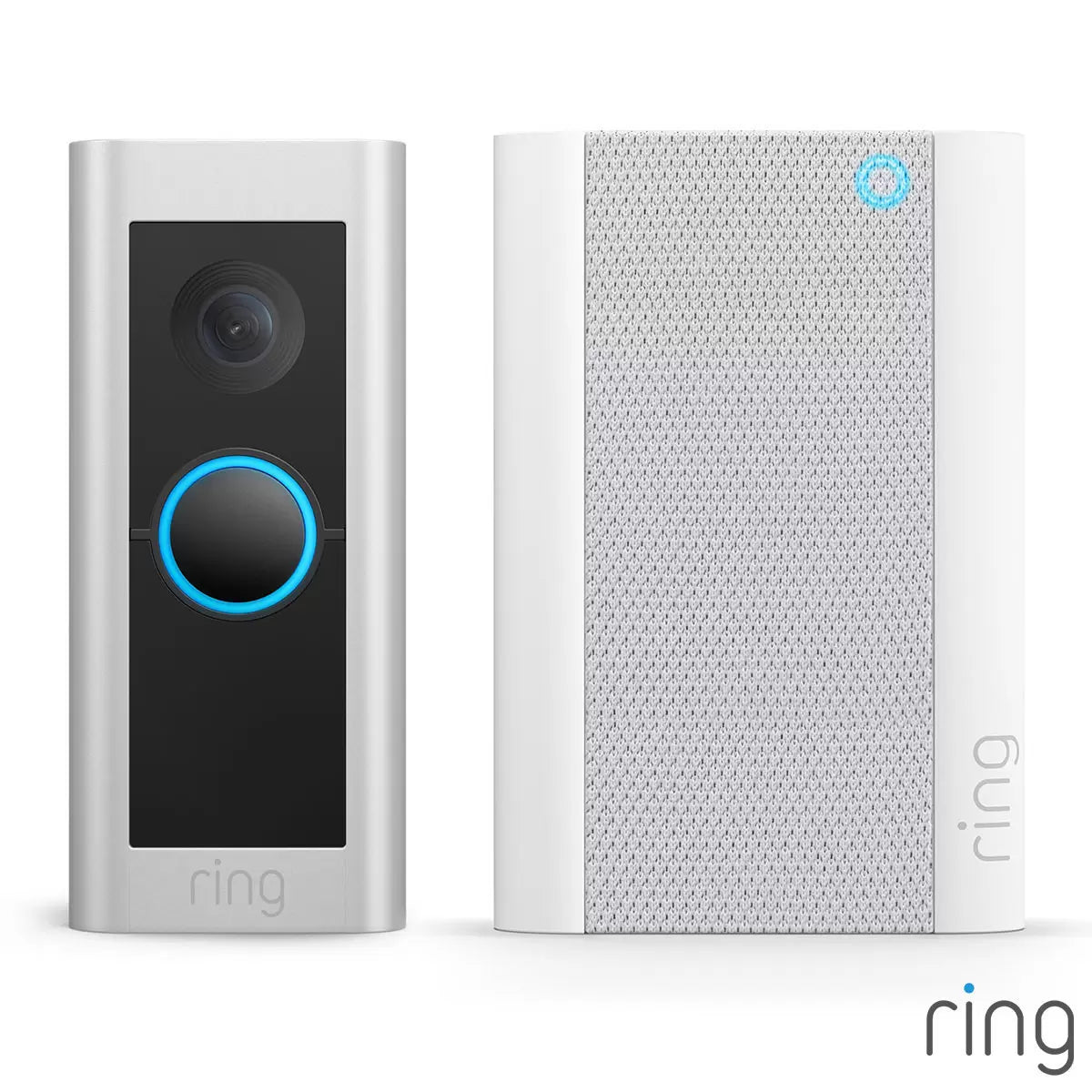 A hardwired silver satin nickel Ring Video Doorbell Pro 2 mounted vertically next to a modern front door, paired with a compact white Chime Pro plug-in unit.