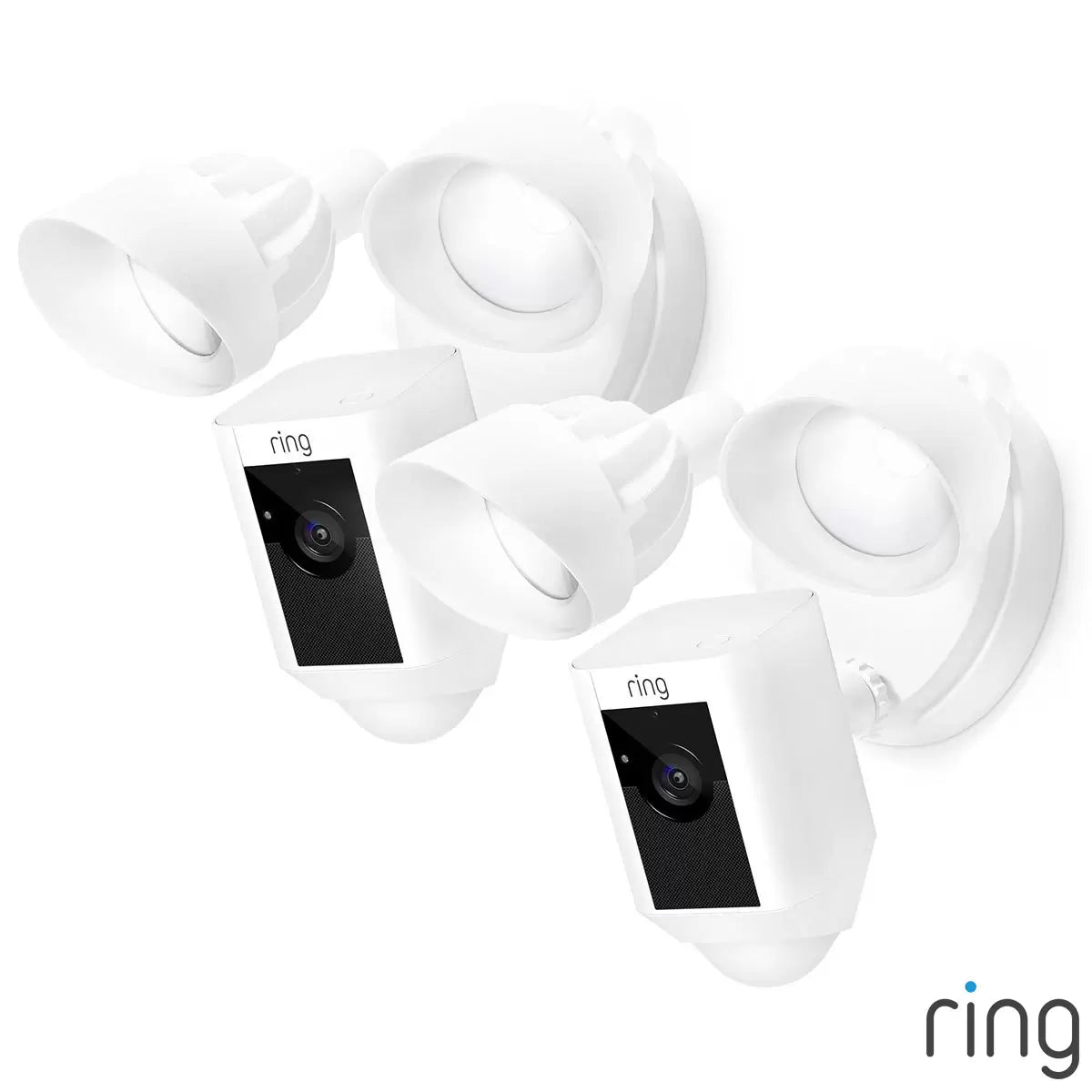 A pair of white Ring Floodlight Cam Plus units mounted on a clean exterior brick wall, showing the dual adjustable LED panels and central camera lens.