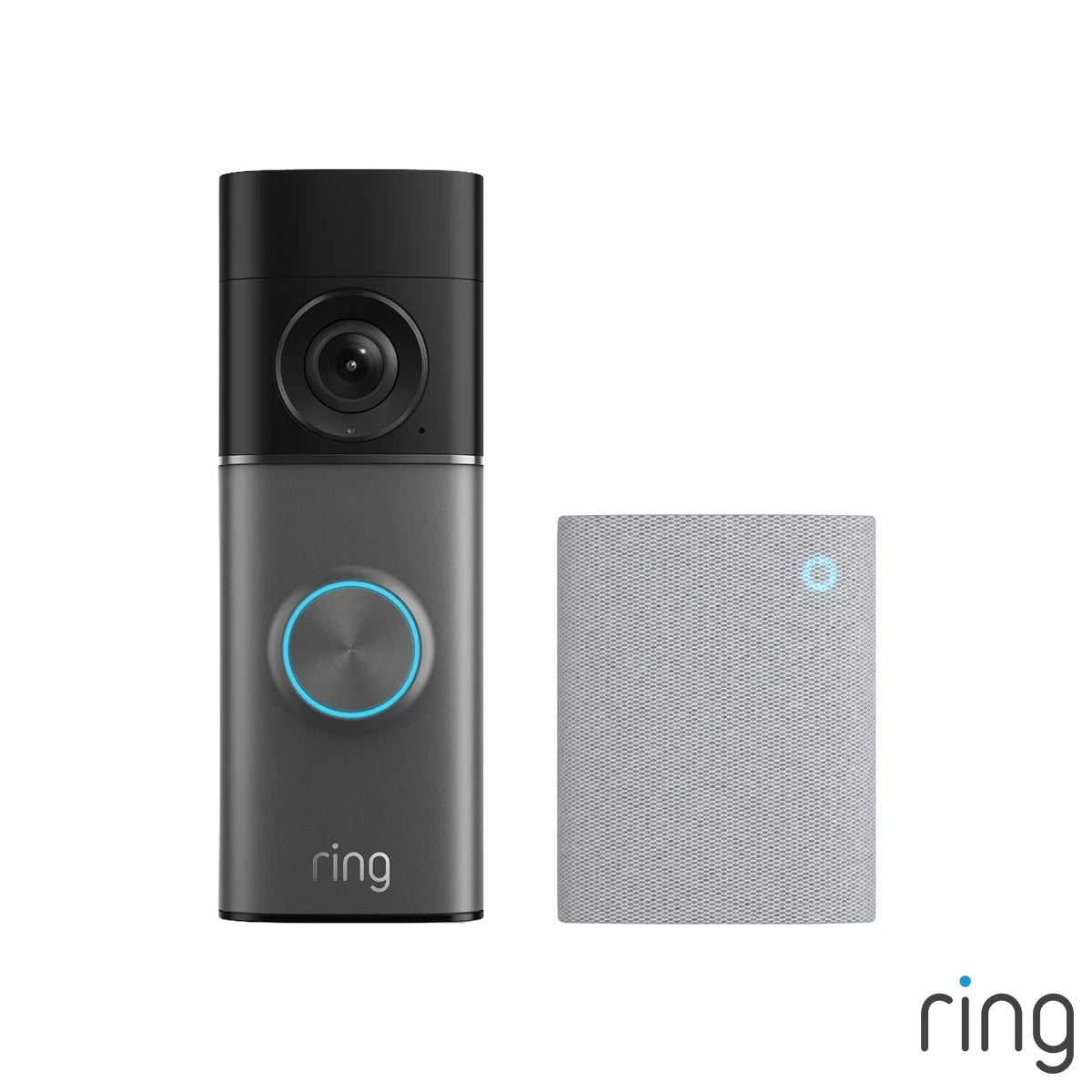 Ring Hardwired Video Doorbell Pro 3rd Gen in satin nickel finish mounted on a modern entryway wall alongside a white Ring Chime.