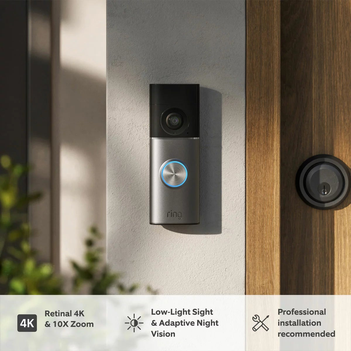 Ring Hardwired Video Doorbell Pro 3rd Gen in satin nickel finish mounted on a modern entryway wall alongside a white Ring Chime.