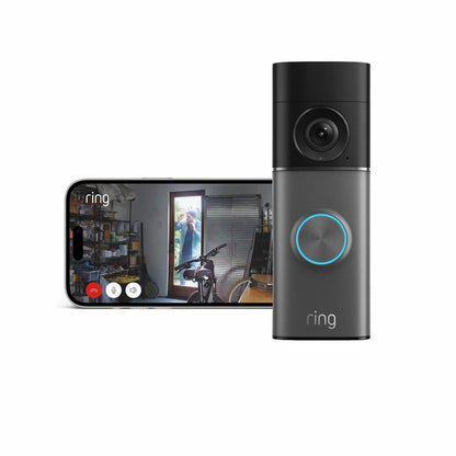Ring Hardwired Video Doorbell Pro 3rd Gen in satin nickel finish mounted on a modern entryway wall alongside a white Ring Chime.