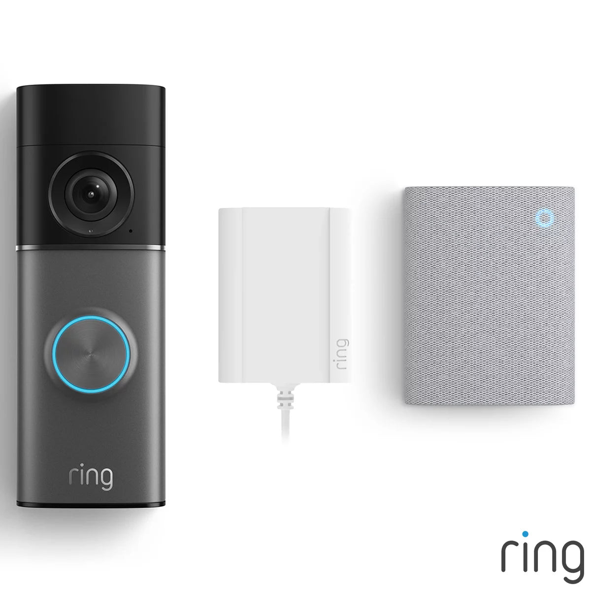 Front view of the satin nickel Ring Plug-In Video Doorbell Pro 3rd Gen mounted next to its white indoor plug-in Chime module on a clean modern backdrop.