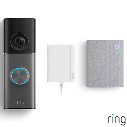 Front view of the satin nickel Ring Plug-In Video Doorbell Pro 3rd Gen mounted next to its white indoor plug-in Chime module on a clean modern backdrop.