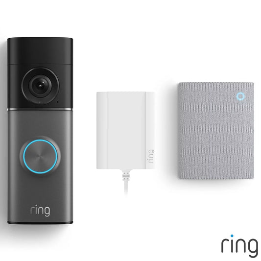 Front view of the satin nickel Ring Plug-In Video Doorbell Pro 3rd Gen mounted next to its white indoor plug-in Chime module on a clean modern backdrop.