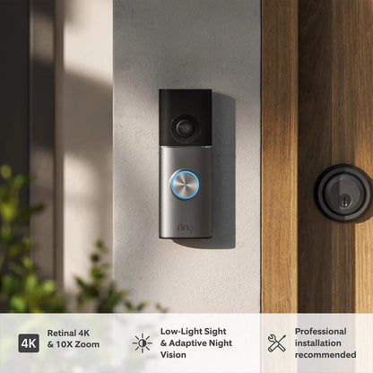 Front view of the satin nickel Ring Plug-In Video Doorbell Pro 3rd Gen mounted next to its white indoor plug-in Chime module on a clean modern backdrop.