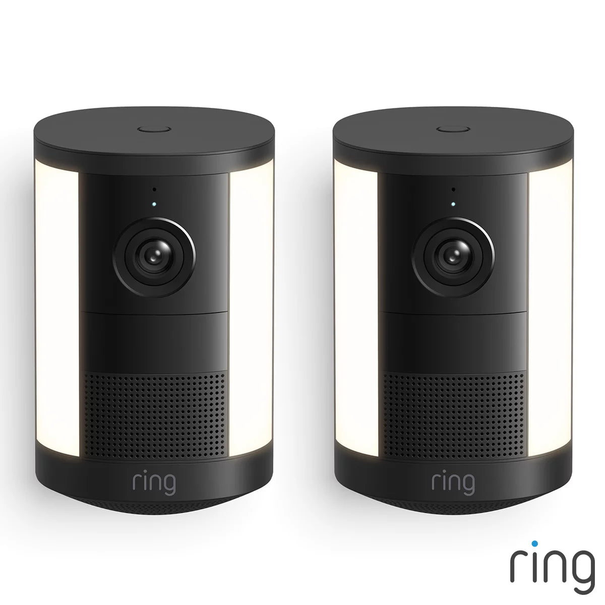 Matte black Ring Spotlight Cam 2nd Gen battery cameras shown as a set of two against a plain backdrop.