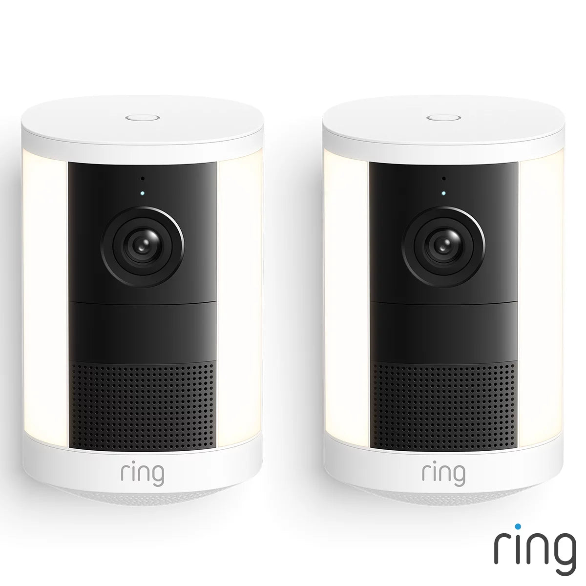 Ring Spotlight Cam 2nd Gen White Battery Security Cameras 2 Pack mounted on exterior wall showing spotlight, lens, and siren speaker.