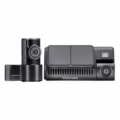 Cylindrical matte black screenless Road Angel Halo Ultima 4K front dash cam and its matching compact rear lens mounted flush on a clean vehicle windscreen.