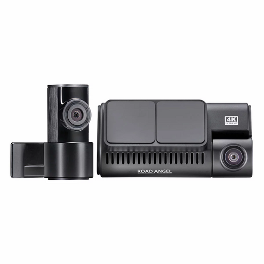 Cylindrical matte black screenless Road Angel Halo Ultima 4K front dash cam and its matching compact rear lens mounted flush on a clean vehicle windscreen.