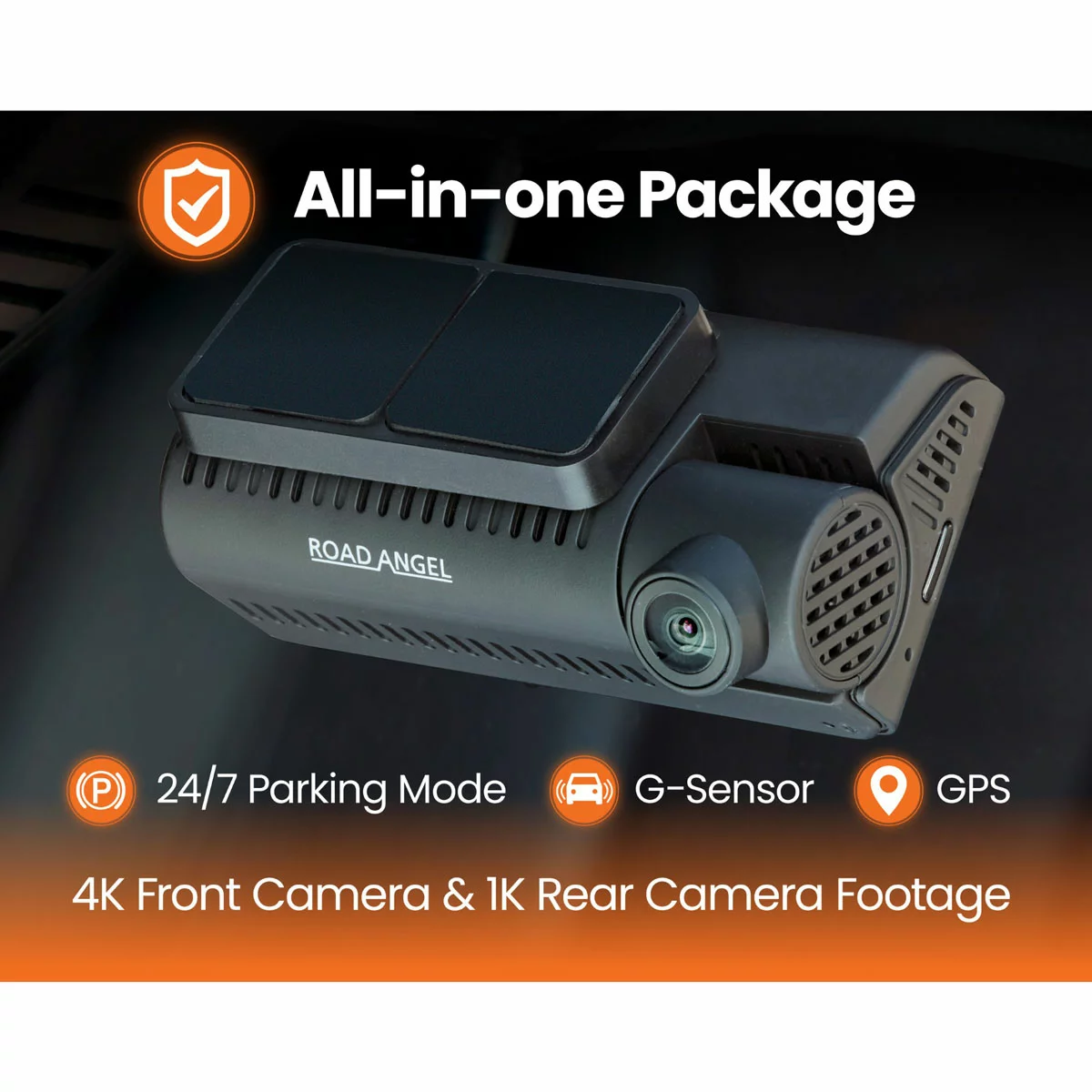 Cylindrical matte black screenless Road Angel Halo Ultima 4K front dash cam and its matching compact rear lens mounted flush on a clean vehicle windscreen.