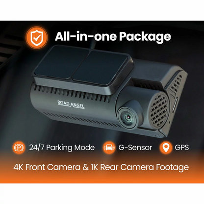 Cylindrical matte black screenless Road Angel Halo Ultima 4K front dash cam and its matching compact rear lens mounted flush on a clean vehicle windscreen.