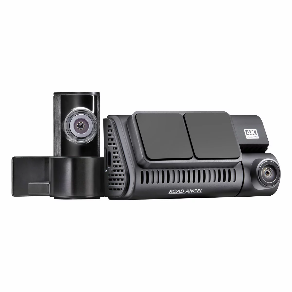 Cylindrical matte black screenless Road Angel Halo Ultima 4K front dash cam and its matching compact rear lens mounted flush on a clean vehicle windscreen.
