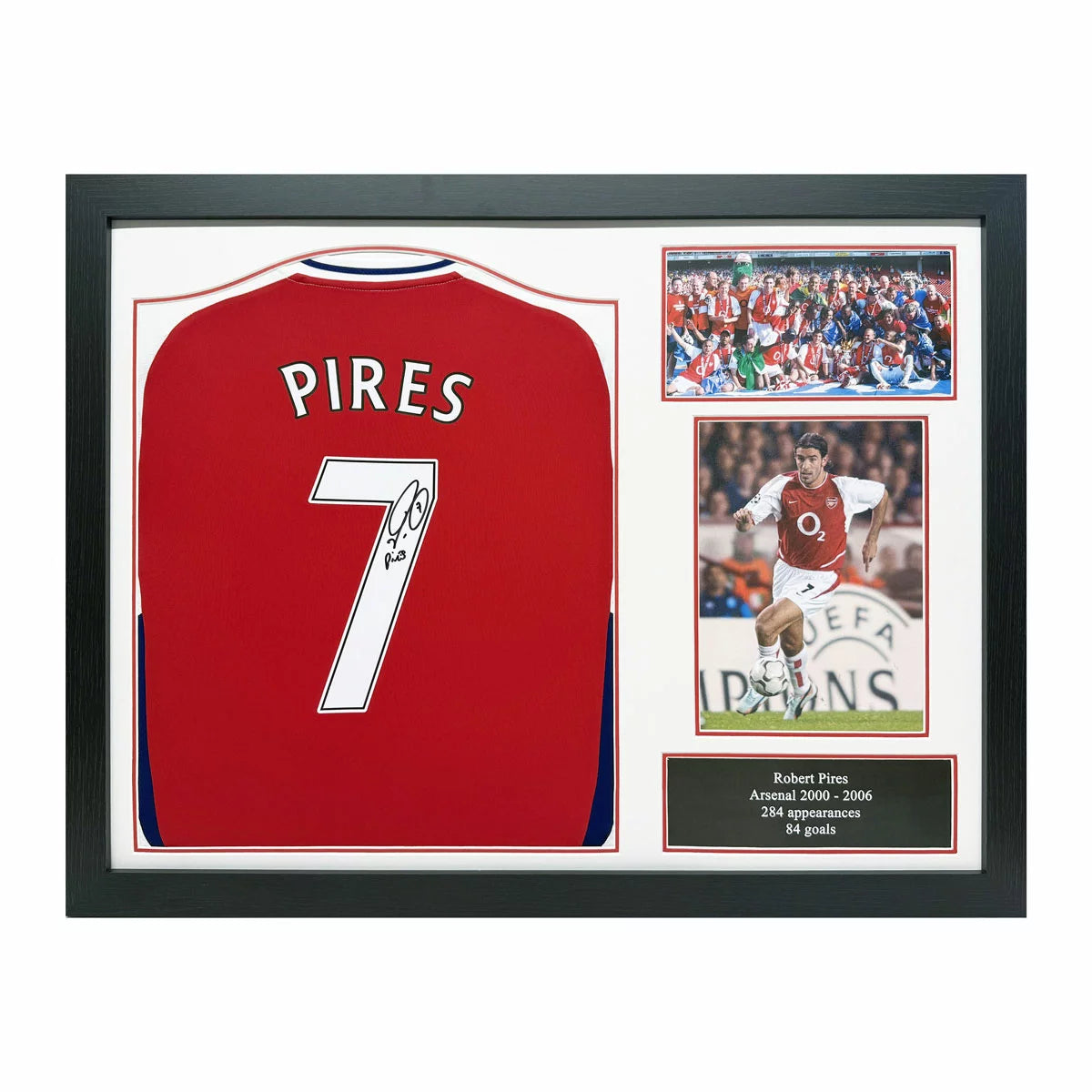 A professionally framed 21/22 Arsenal football shirt signed by Robert Pires, displayed in a high-quality wooden frame against a neutral background.