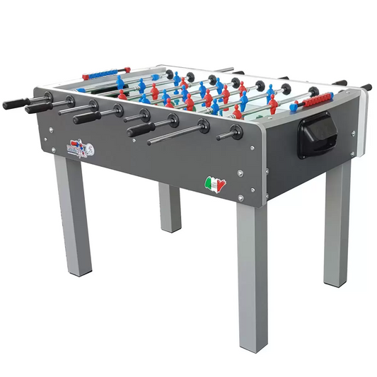 Side view of the wood-grain finish Roberto Sport 4ft Game Football Table standing on square black iron legs, showcasing its solid steel rods and blue and red miniature players.