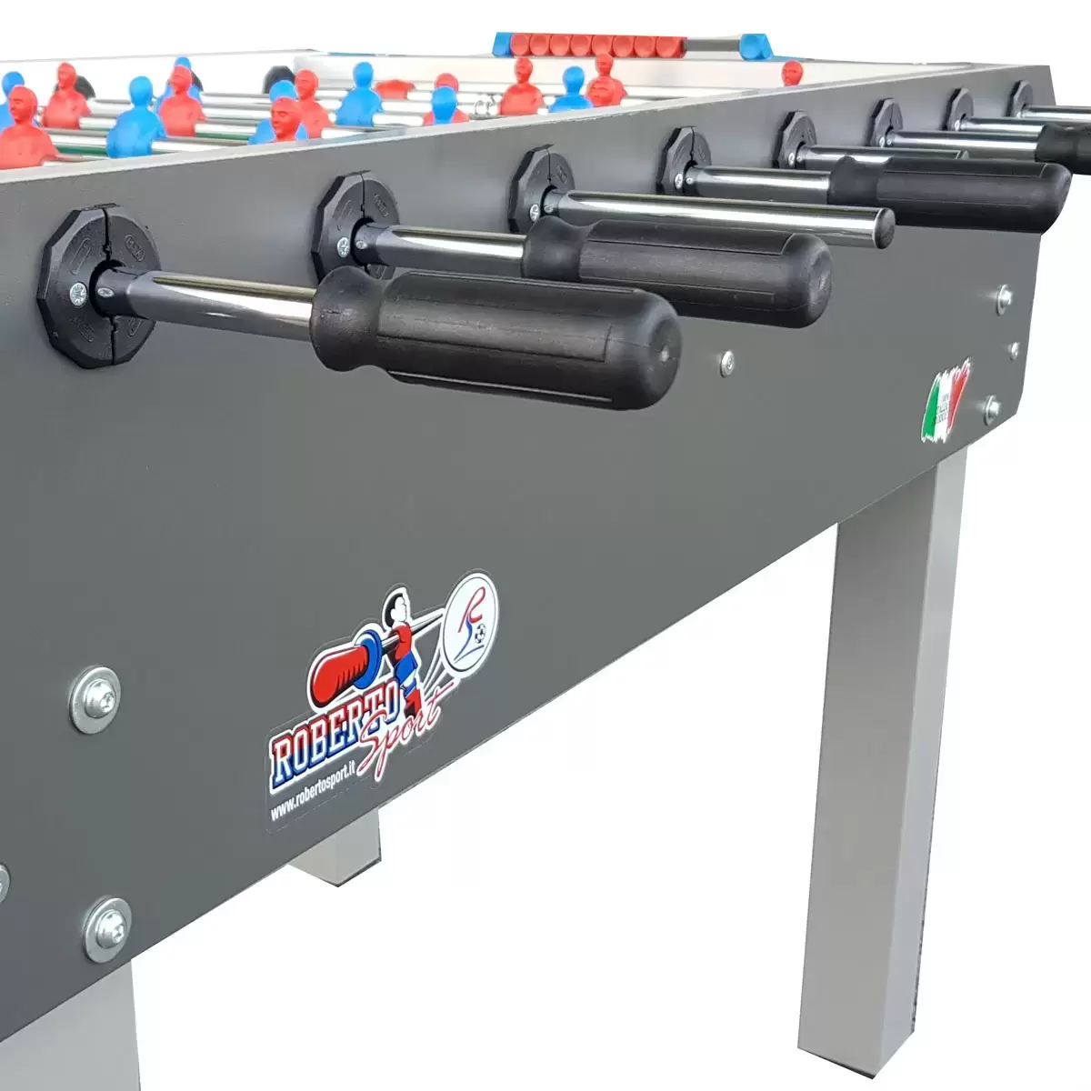 Side view of the wood-grain finish Roberto Sport 4ft Game Football Table standing on square black iron legs, showcasing its solid steel rods and blue and red miniature players.