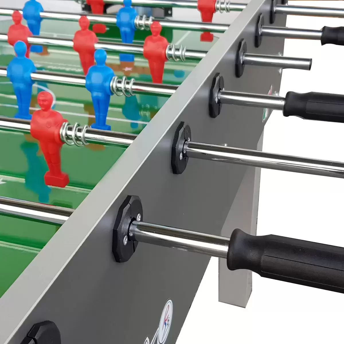 Side view of the wood-grain finish Roberto Sport 4ft Game Football Table standing on square black iron legs, showcasing its solid steel rods and blue and red miniature players.