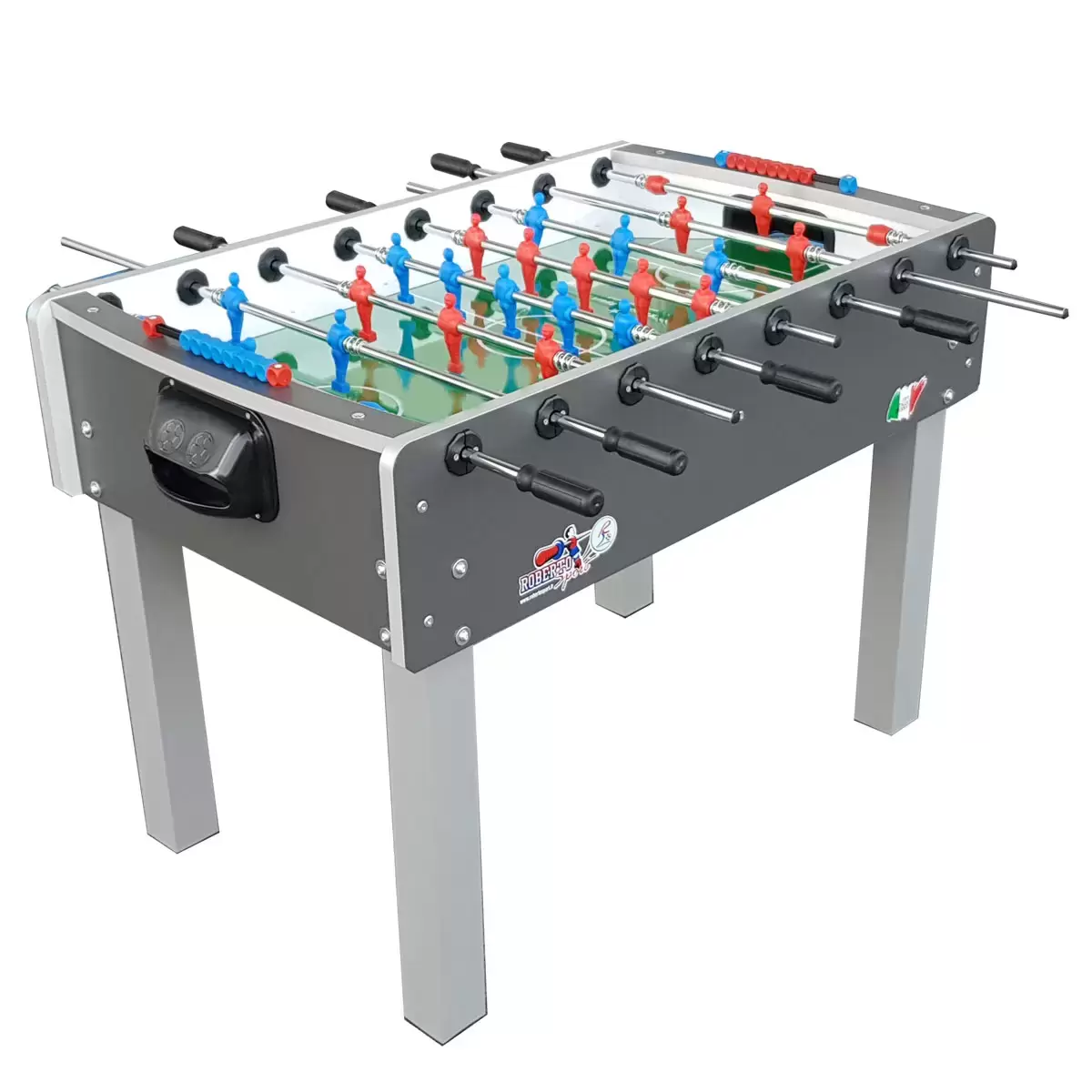 Side view of the wood-grain finish Roberto Sport 4ft Game Football Table standing on square black iron legs, showcasing its solid steel rods and blue and red miniature players.