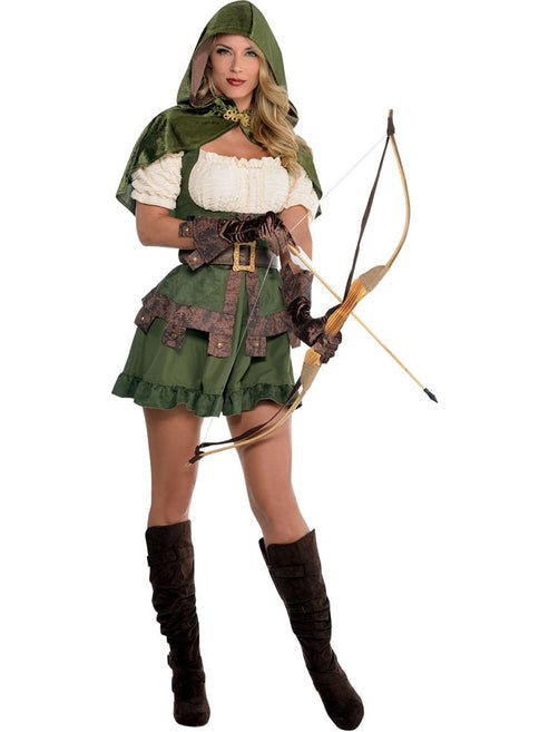 Adult wearing the green and brown Robin Hoodie costume with hood pulled up in an outdoor woodland setting.