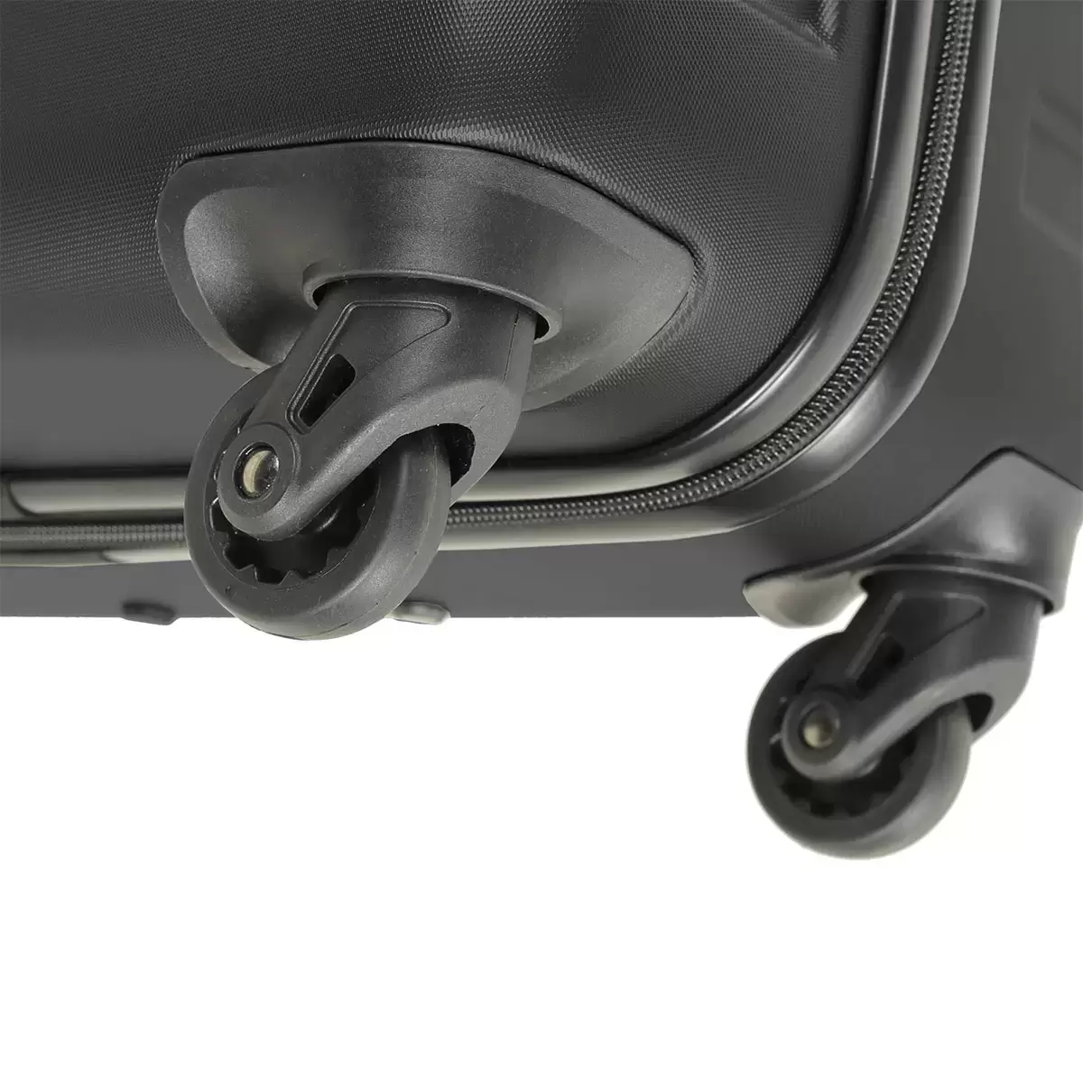 Front angle view of the black Rock Byron 3 piece hardside luggage set lined up on a modern airport lounge floor featuring cabin, medium, and large suitcases.