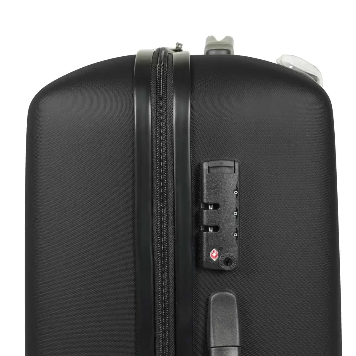 Front angle view of the black Rock Byron 3 piece hardside luggage set lined up on a modern airport lounge floor featuring cabin, medium, and large suitcases.