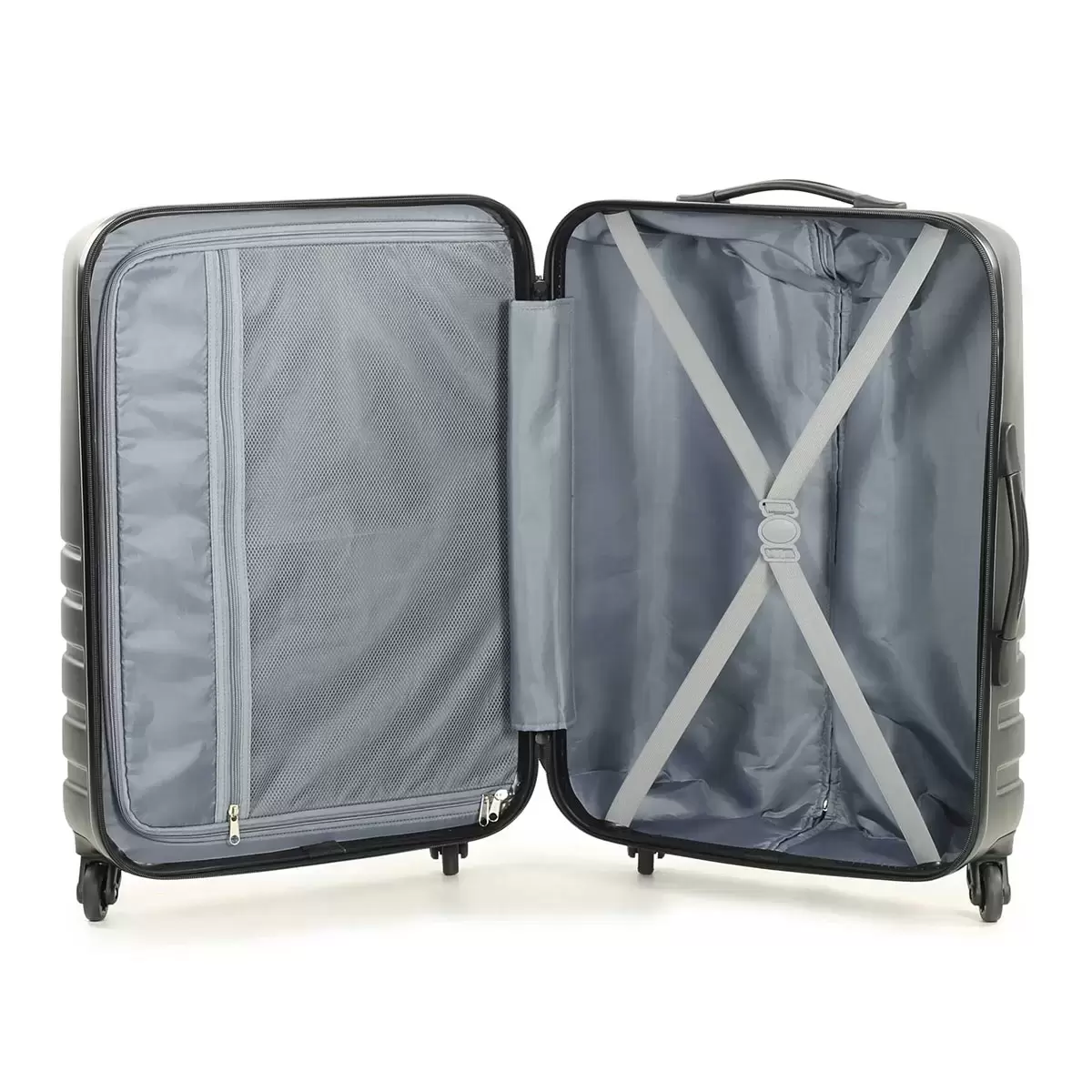 Rock Byron 3 piece hardside luggage set in charcoal standing together in size order on a modern minimalist airport floor.