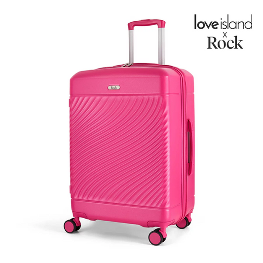 Front angle view of the Rock Love Island hardside medium suitcase showing its glossy hard shell finish, double spinner wheels, and push-button handle.