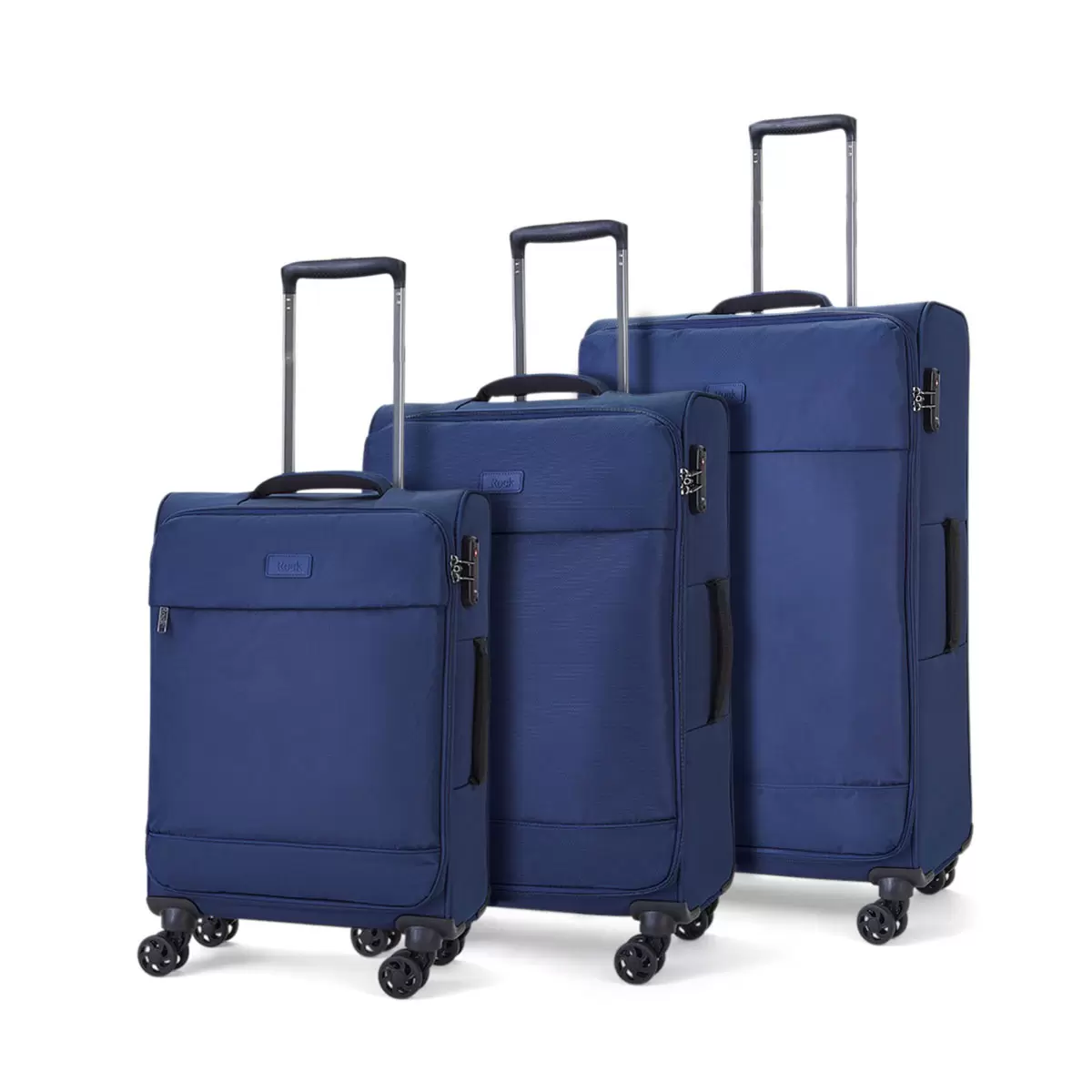 Rock Paris 3 piece softside luggage set displayed side by side in four distinct colors on a polished hardwood floor in a sunlit entryway.