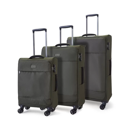 Rock Paris 3 piece softside luggage set displayed side by side in four distinct colors on a polished hardwood floor in a sunlit entryway.