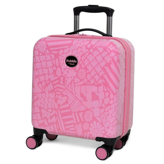 Rock Pebble pink hardside kids underseat suitcase in Unicorn print shown standing upright on eight smooth-rolling wheels.