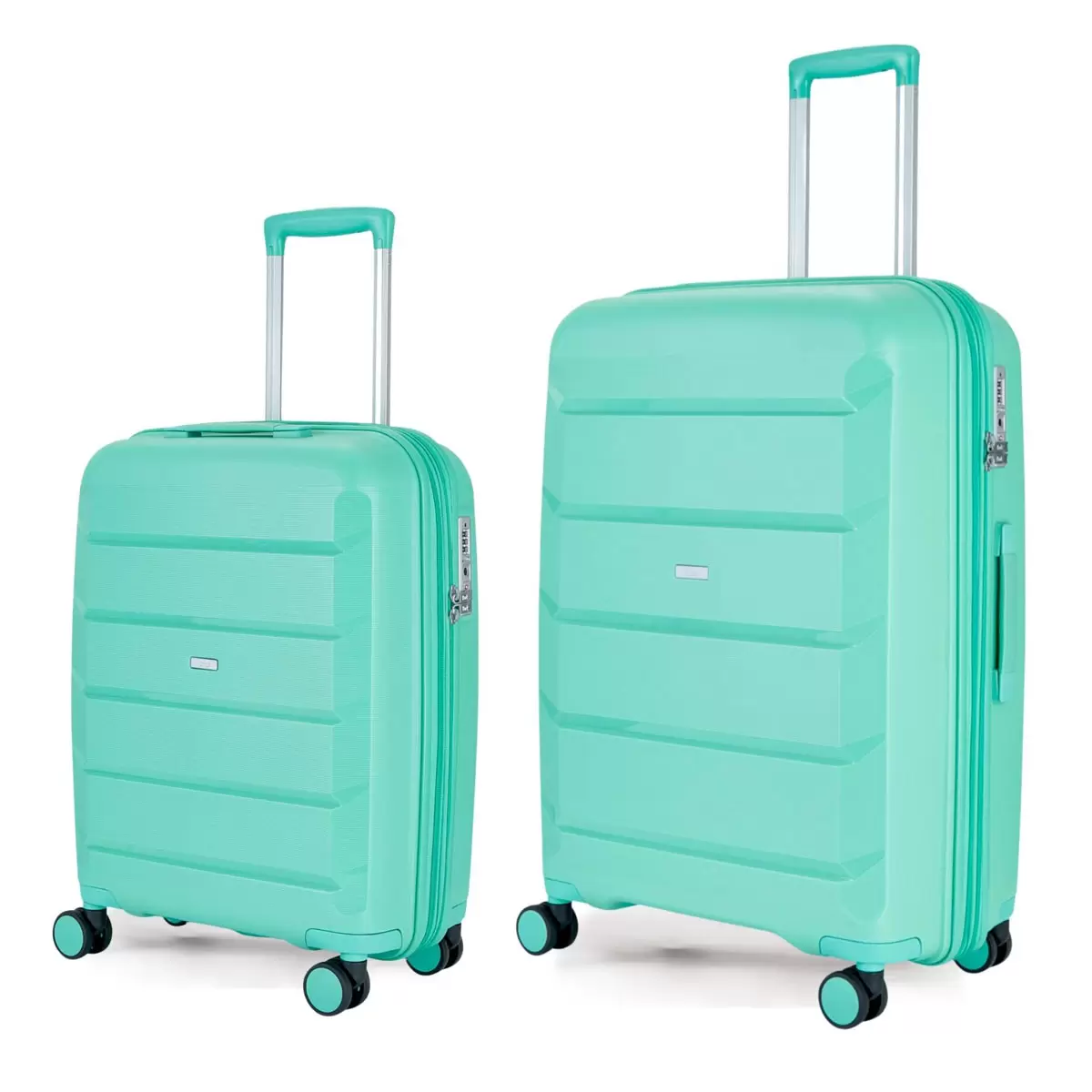 Rock Tulum 2 piece hardside luggage set showing cabin and medium suitcases stacked side by side in a sleek modern terminal.