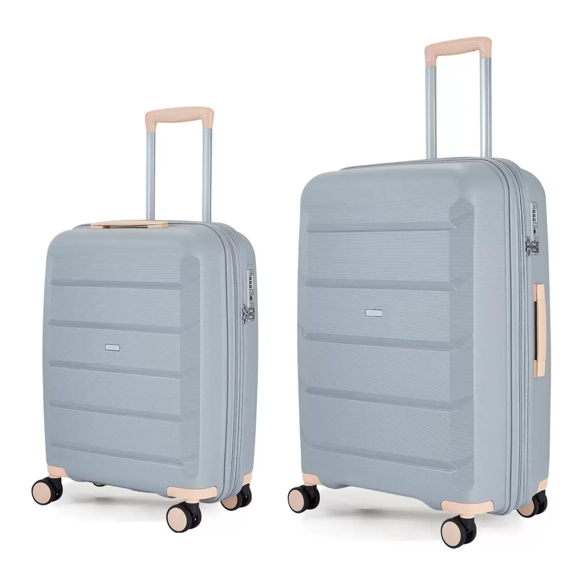 Rock Tulum 2 piece hardside luggage set showing cabin and medium suitcases stacked side by side in a sleek modern terminal.