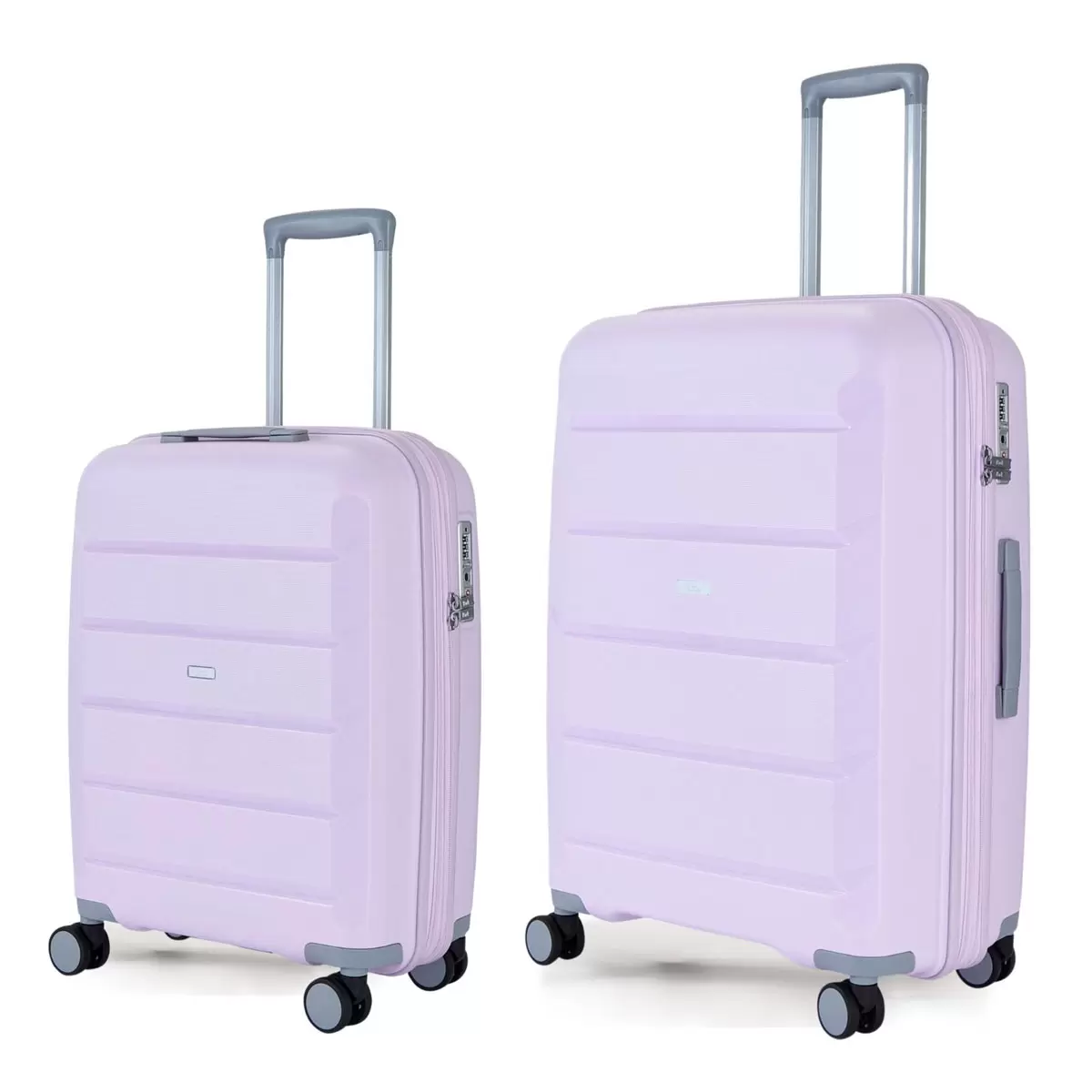 Rock Tulum 2 piece hardside luggage set showing cabin and medium suitcases stacked side by side in a sleek modern terminal.