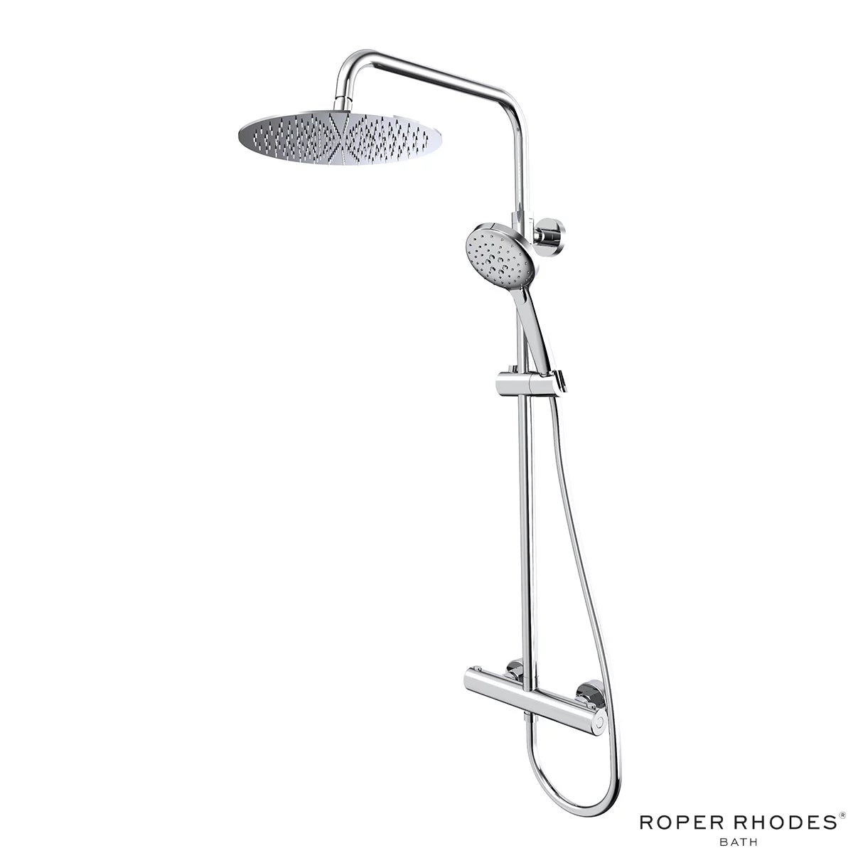 Polished chrome Roper Rhodes Hydroforce exposed bar shower system with 250mm circular overhead head and multi-function handset mounted on a light tile bathroom wall.