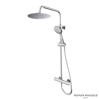 Polished chrome Roper Rhodes Hydroforce exposed bar shower system with 250mm circular overhead head and multi-function handset mounted on a light tile bathroom wall.