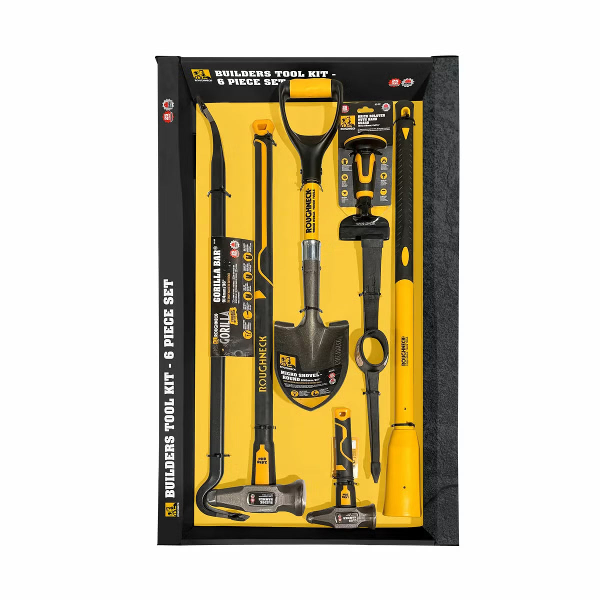 Flat lay of the 6 piece Roughneck tool kit featuring an 8lb sledge hammer, club hammer, bolster chisel, Gorilla bar, micro shovel, and pick axe on a concrete surface.