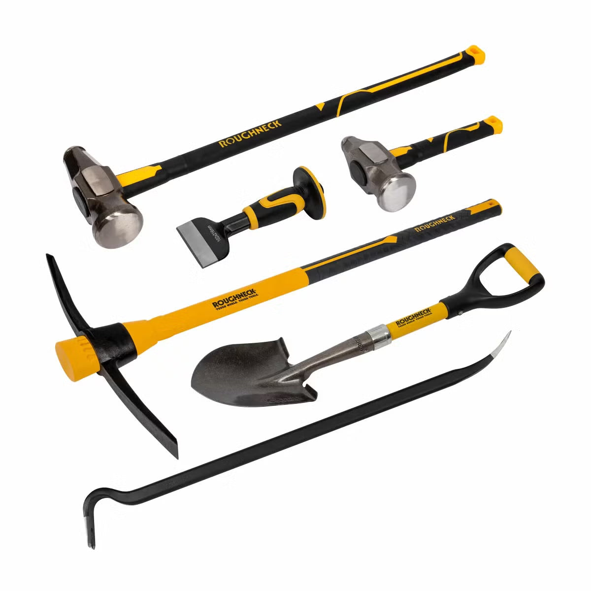 Flat lay of the 6 piece Roughneck tool kit featuring an 8lb sledge hammer, club hammer, bolster chisel, Gorilla bar, micro shovel, and pick axe on a concrete surface.