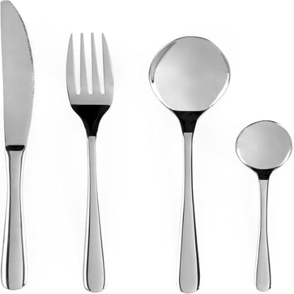 Four-person set of shiny silver Russell Hobbs Capri 18/10 stainless steel cutlery arranged neatly on a dark wooden dining table.