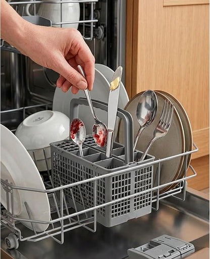 Four-person set of shiny silver Russell Hobbs Capri 18/10 stainless steel cutlery arranged neatly on a dark wooden dining table.