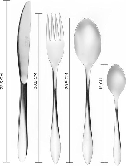 Polished silver 18/10 stainless steel Russell Hobbs Cologne 16 piece cutlery set in retail packaging showing fork, knife, dessert spoon, and teaspoon.