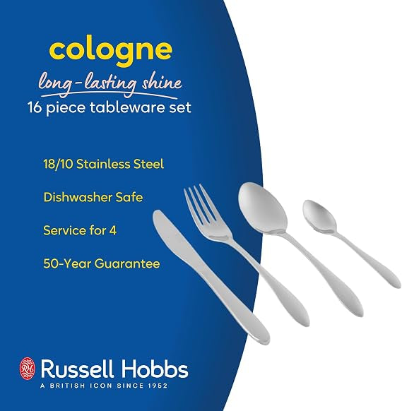 Top-down view of the silver 16-piece Russell Hobbs Cologne 18/10 stainless steel cutlery set arranged neatly on a dark slate dining table.