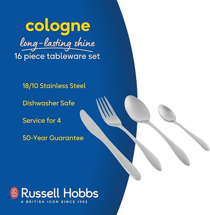 Top-down view of the silver 16-piece Russell Hobbs Cologne 18/10 stainless steel cutlery set arranged neatly on a dark slate dining table.