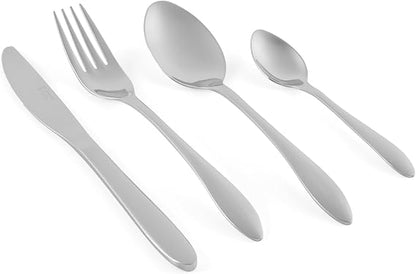 Top-down view of the silver 16-piece Russell Hobbs Cologne 18/10 stainless steel cutlery set arranged neatly on a dark slate dining table.