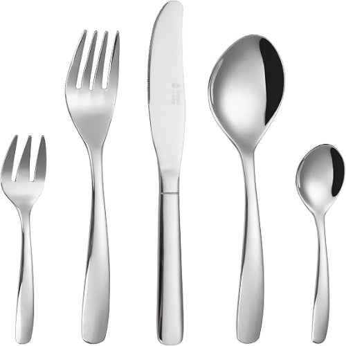 Front view of the 20-piece Russell Hobbs Florence silver stainless steel cutlery set neatly arranged on a white table setting.