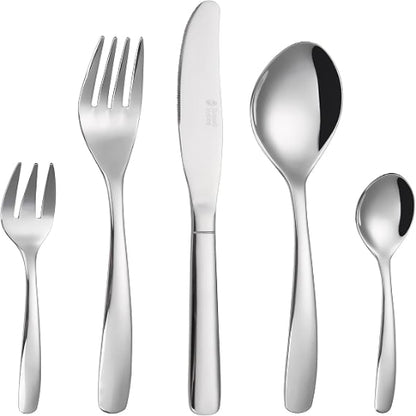 Front view of the 20-piece Russell Hobbs Florence silver stainless steel cutlery set neatly arranged on a white table setting.