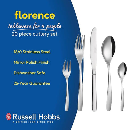 Front view of the 20-piece Russell Hobbs Florence silver stainless steel cutlery set neatly arranged on a white table setting.